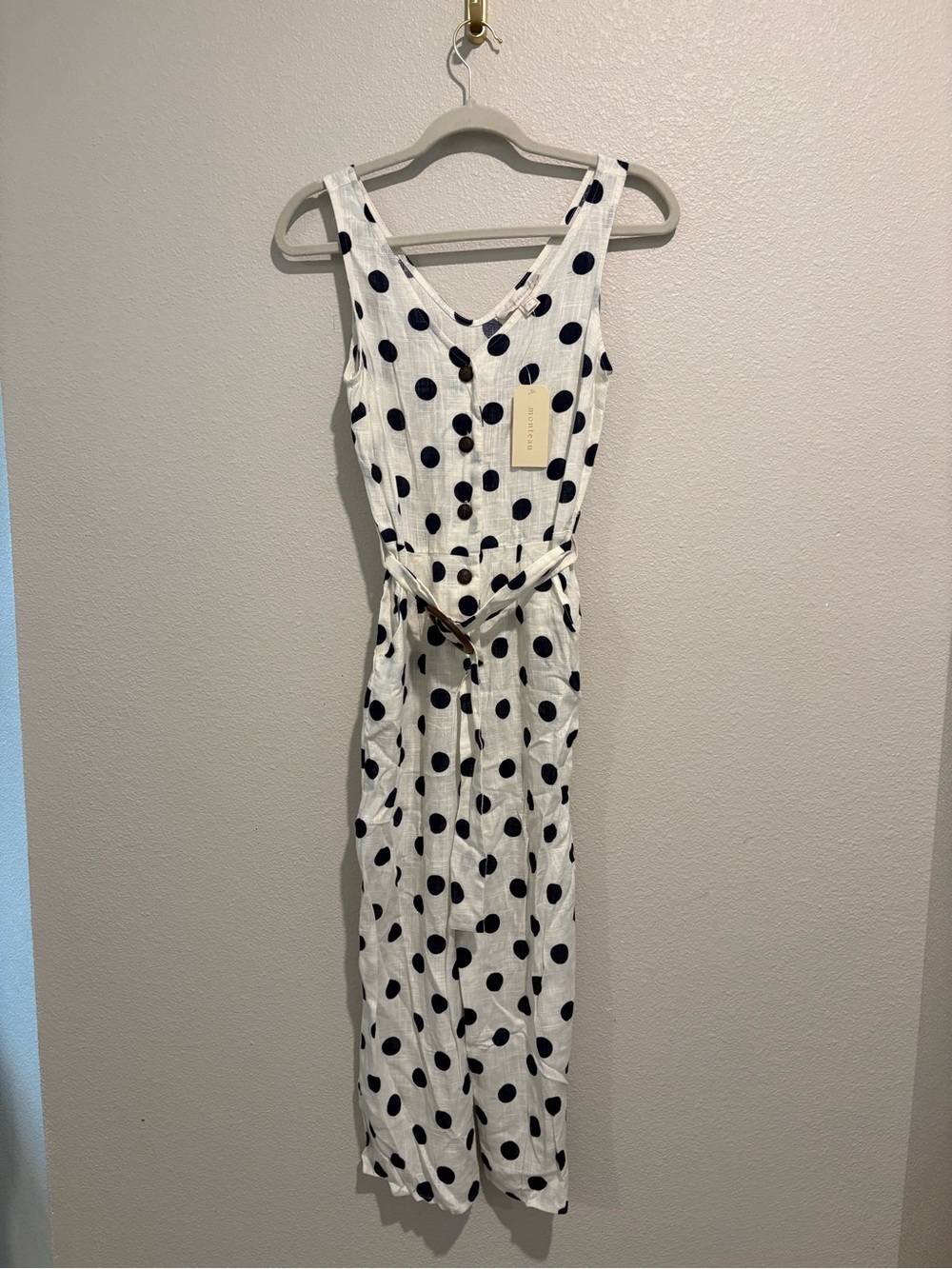 Monteau White Jumpsuit with Navy Polka Dots